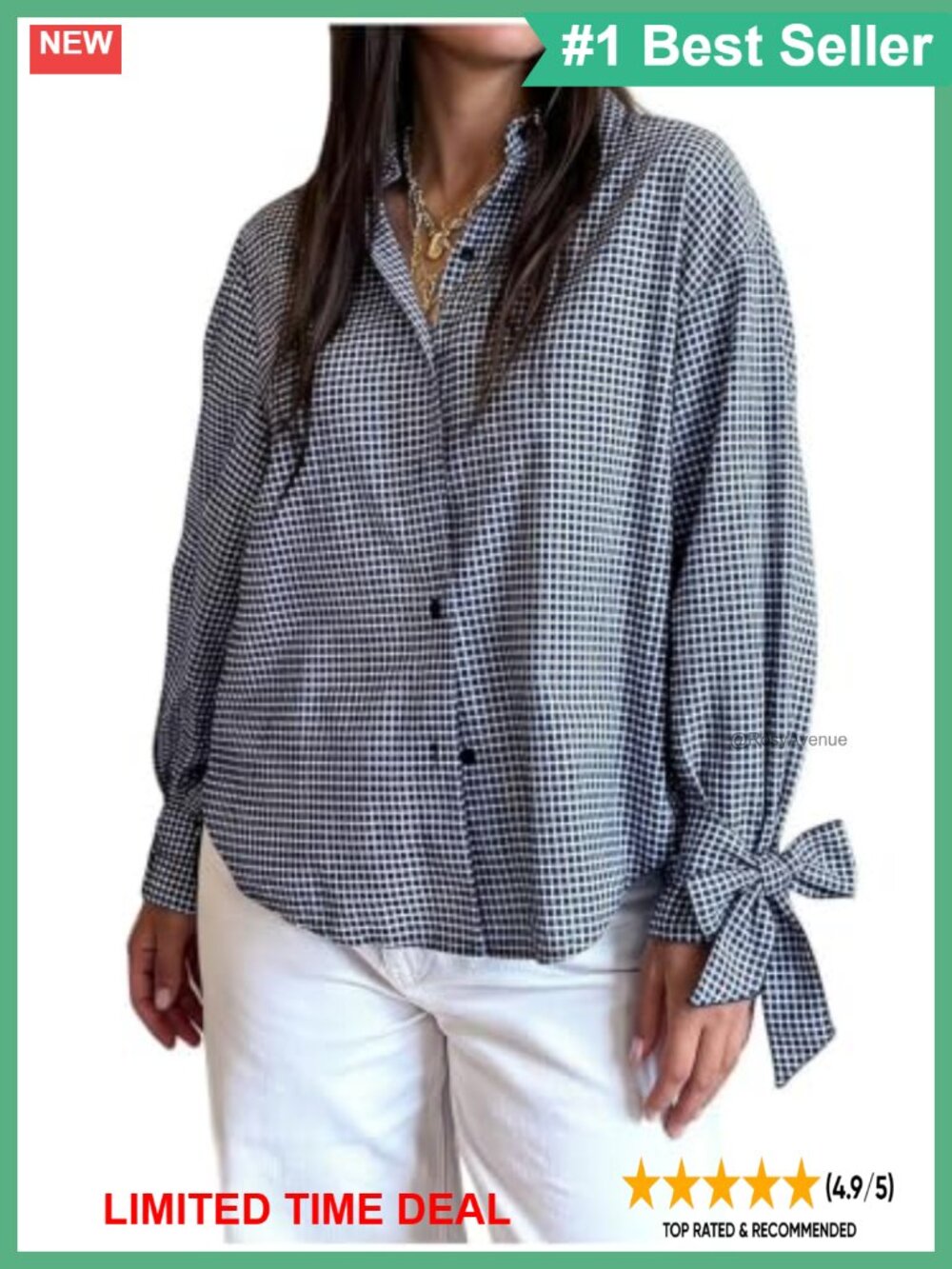 Women's Gingham Button Down Blouse with Bow Long Sleeve Top